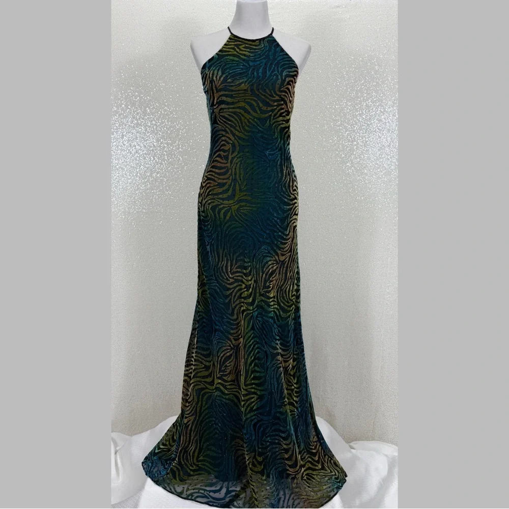 Icon by Kathryn Dianos Green Blue Burnout Velvet Abstract swirl Maxi Dress Party - Picture 16 of 17